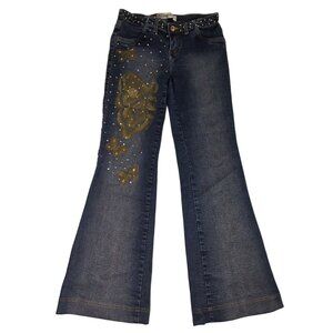 VTG 90s Y2K Flare Sequin Butterfly Boho Jeans Low Rise Hippie Indie Sleaze Rave